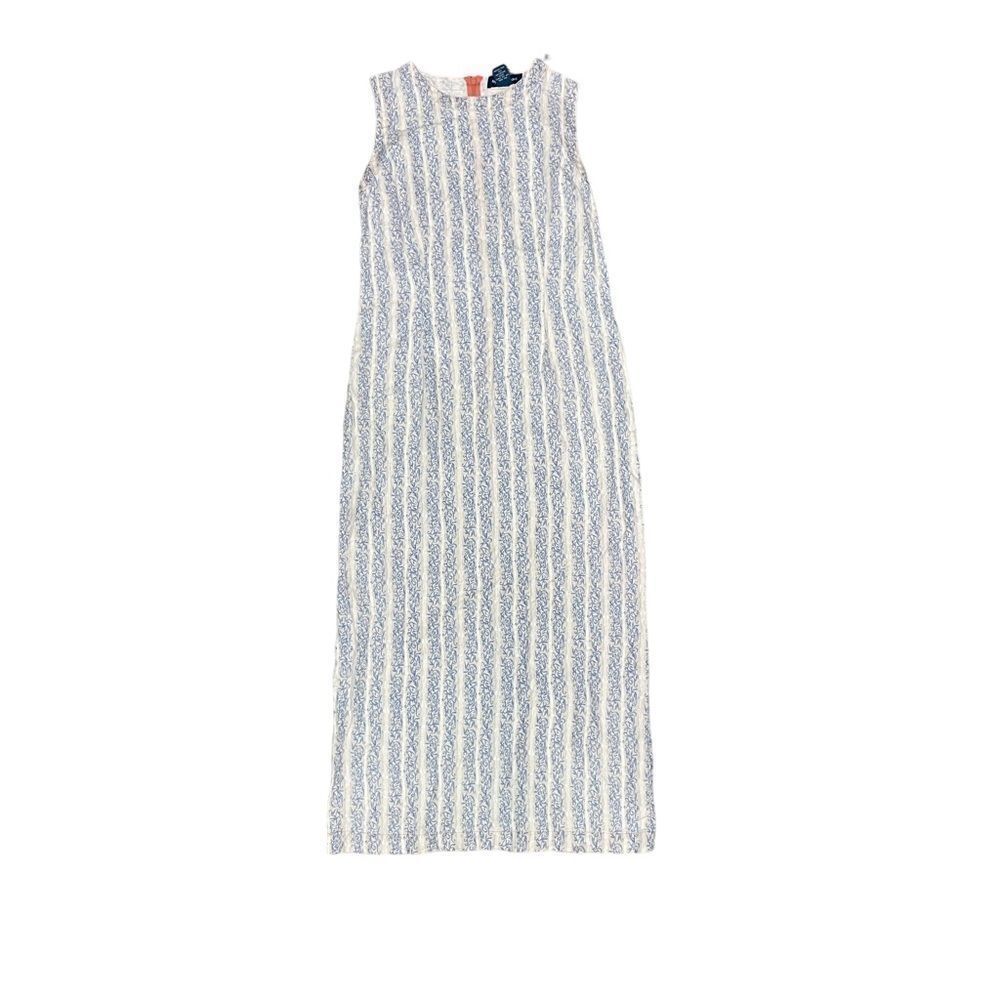 Vintage 100% Linen Maxi Dress Sleeveless cream with blue design